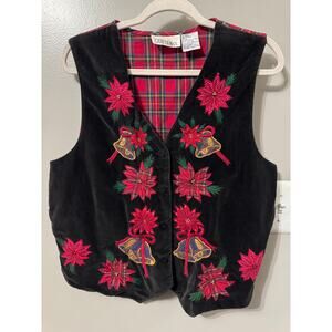 Vintage Casey & Max Vest Womens Large Red Plaid Christmas Poinsettia Embroidered